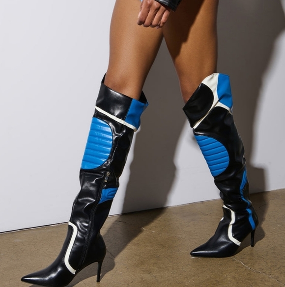 "Cyberstrut 99: Tokyo Skyline" Chic Black and Blue Heeled Boots - Picture 1 of 9